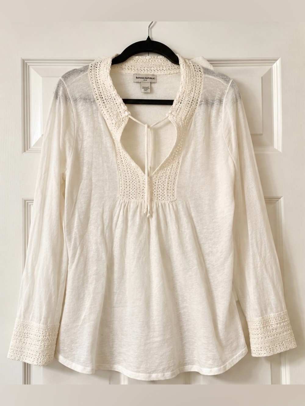 Banana Republic Y2K Linen Cotton Crochet Peasant Tunic Blouse White S